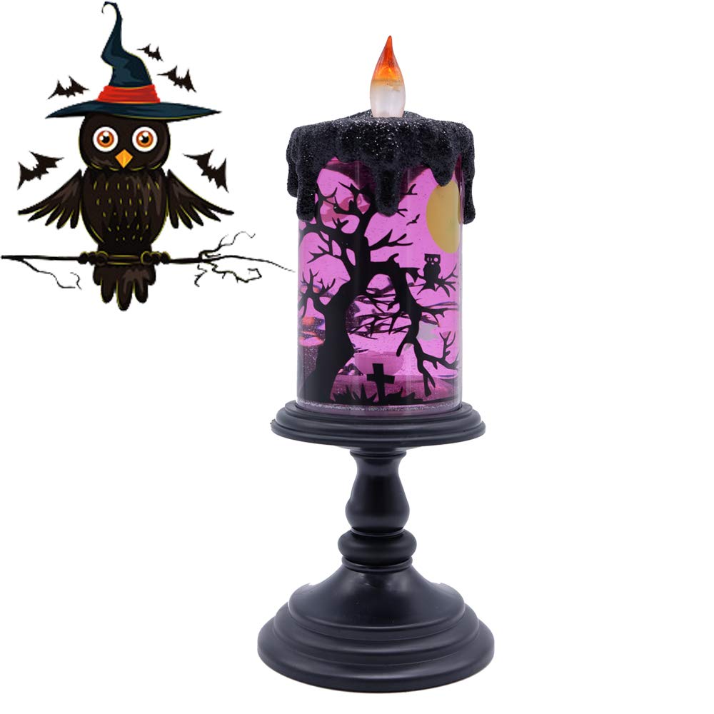 DRomance Halloween Flameless Candle Snow Globe Battery Operated with 6 Hour Timer, Purple Light Ghost Decal Water Tornado Lamp LED Candlestick Halloween Season Decor Gift 4 x 10 Inches