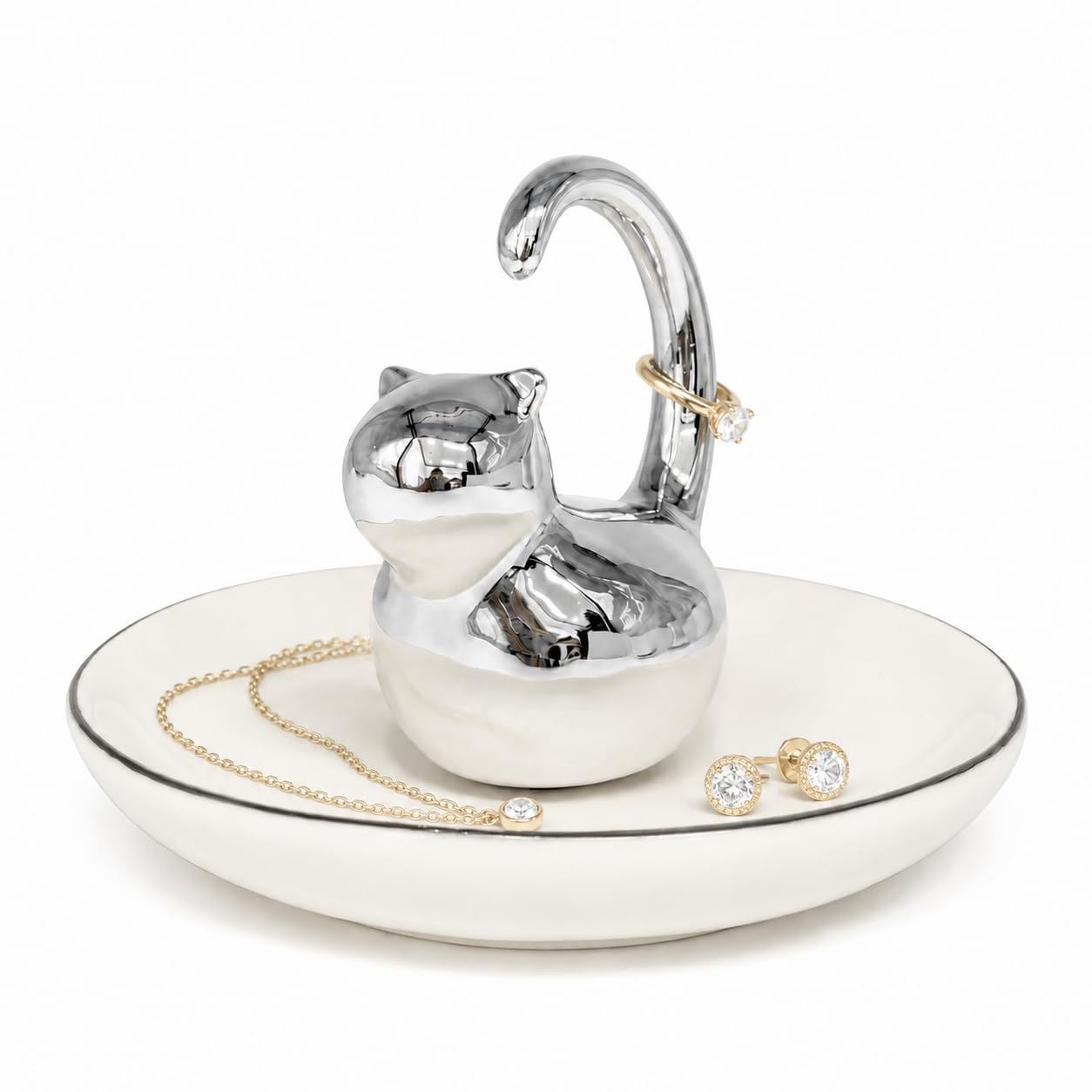Cat Ring Holder Jewelry Dish–White & Silver Fat Cat Ceramic Trinket Tray,Birthday,Wedding,Graduation Gift for Women & Girls,Rings Earrings Necklaces Bracelets–Vanity,Nightstand,Dresser,Bathroom