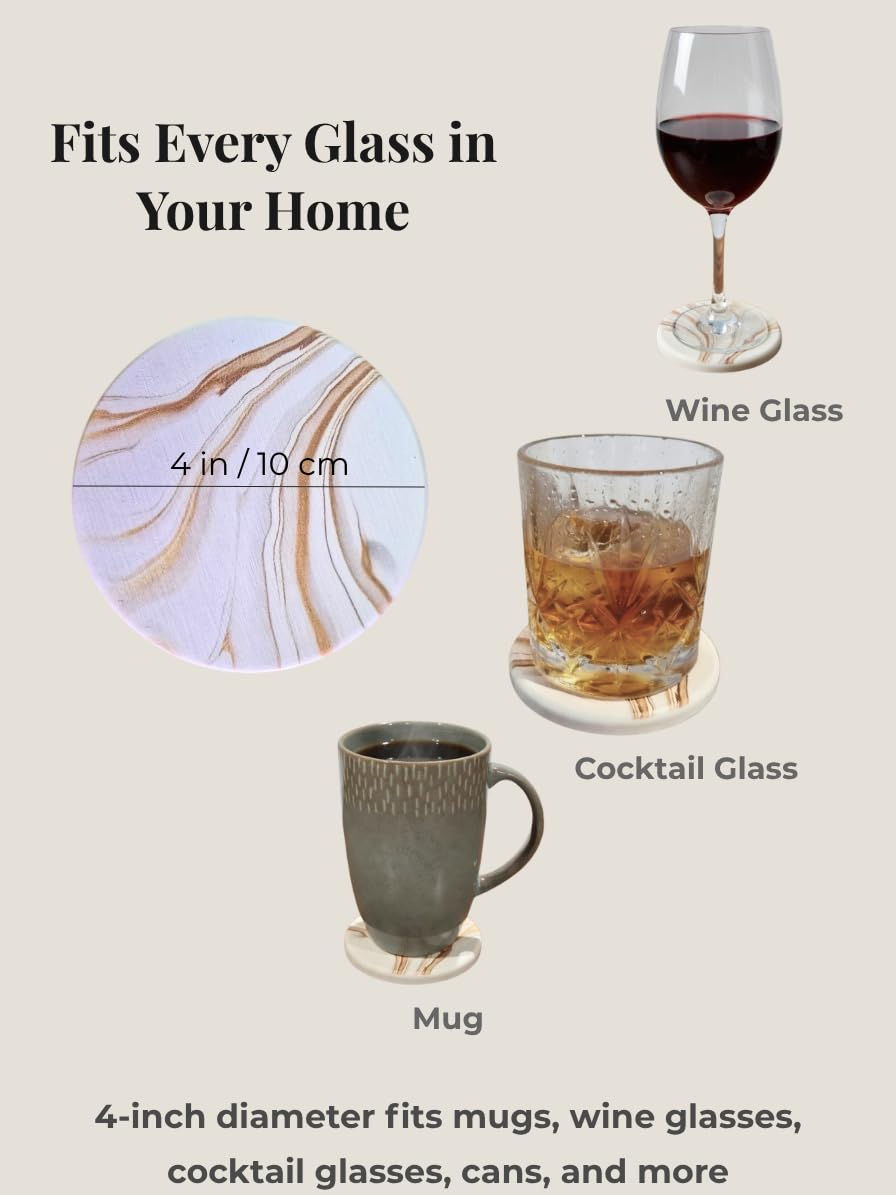 Zelora Absorbent Stone Coasters Set of 6 with Holder – Diatomite Drink Coasters for Cups & Table Protection, Modern Coffee Table, Office Desk & Bar Decor, Outdoor Patio Use, Gift-Ready