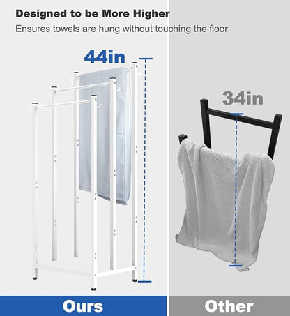 44 Inch Tall Free Standing Towel Rack with Metal Storage Shelf & 6 Hooks for Bathroom, 3 Tiers Heavy Duty Blanket Drying Stand Holder for Outdoor Pool, Bedroom, Living Room, White