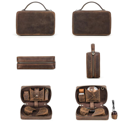 CONTACTS Pipe Tobacco Pouch with Pipe Stand Full Grain Leather Tobacco Pipe Accessories Bag Handmade Travel Organizer for 2 Pipes, Lighter, Cigarette