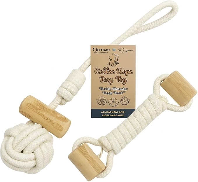 Cotton Rope Dog Toy with Coffee Wood Handles – Natural Chew & Tug Toy for Dogs – Durable, Eco-Friendly & Safe for All Breeds