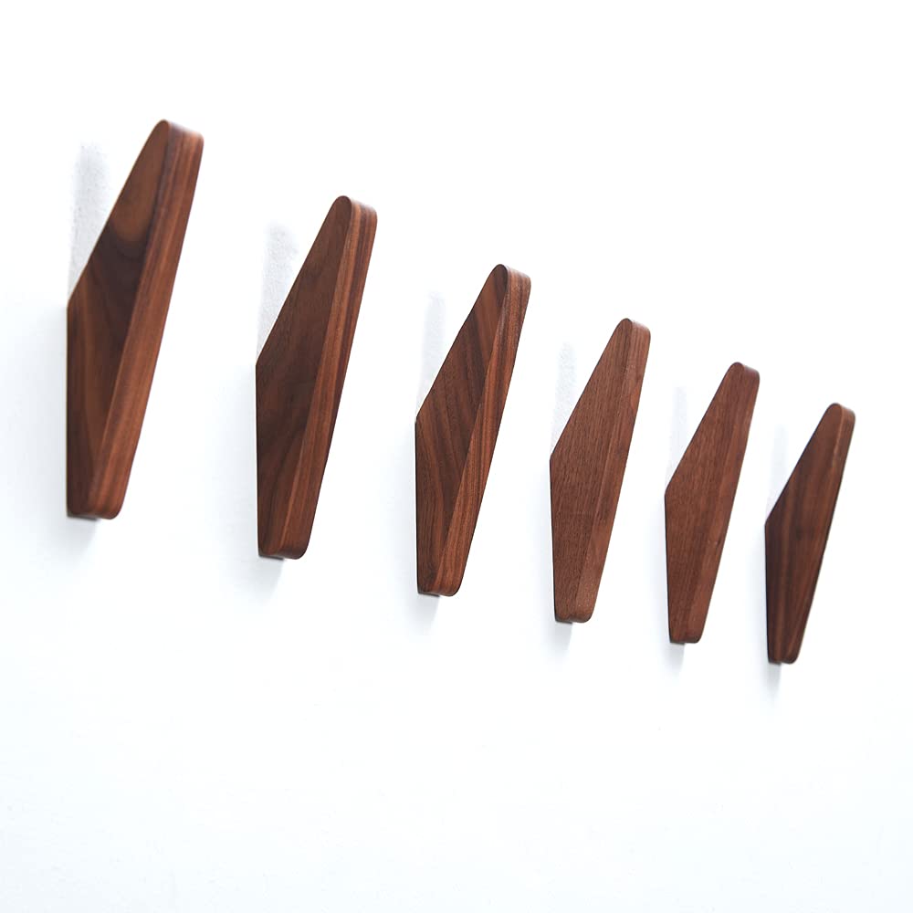 LONANGG Pack 6 Wood Wall Hooks, Black Walnut Coat Minimalist Design Heavy Duty Robe Hook Wall Mounted Rustic Wooden Hooks Clothes Hanger Hat Rack for Hanging Bathroom Towels.