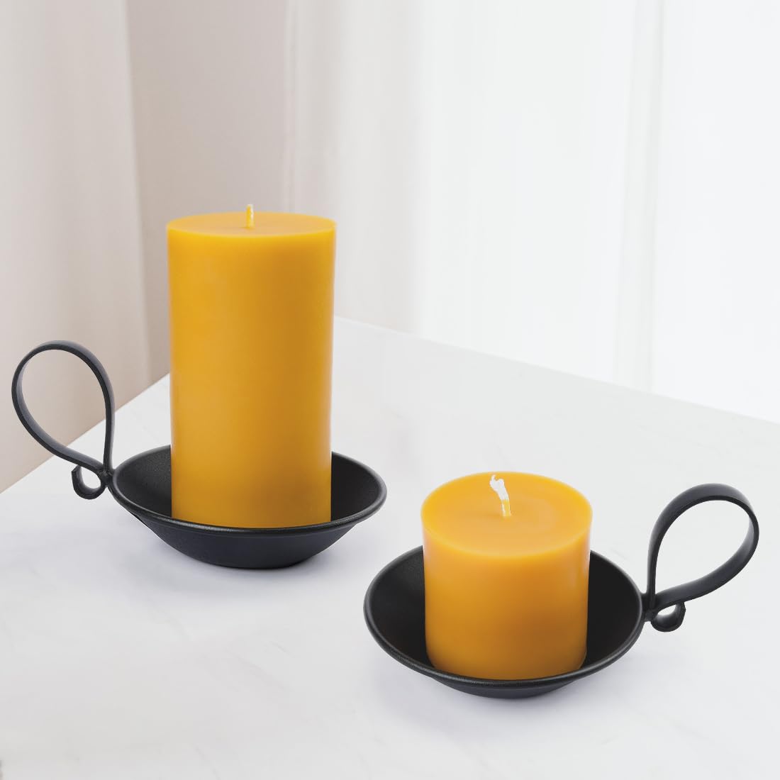 AGLARY 2PCS Matte Black Iron Pillar Candle Holders, with Handle, Simple Industrial Style ，Table Centerpiece Decoration