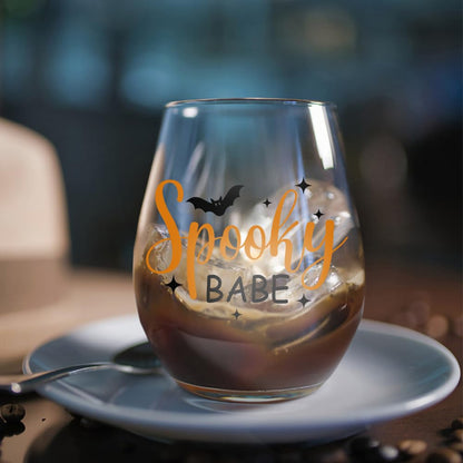 DYJYBMY Spooky Babe Halloween Stemless Wine Glass With Gifts Box, Funny Thanksgiving Halloween Gifts For Confidante Family Bestie Coworkers Men Women Friends, Clear Stemless Wine Tumbler For Couple