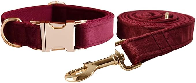 Love Dream Velvet Dog Collar and Leash Set, Soft & Comfy Adjustable Dog Leash and Collar with Heavy Duty Metal Buckle for Small Medium Large Dogs Training & Walking (Medium, Wine Red)