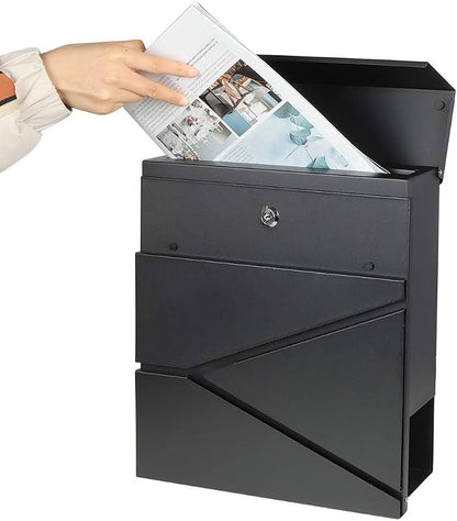 Jssmst Locking Mailbox Wall Mount- Waterproof mailboxes with Secure Key Lock and Newspaper Compartment, Key Lock Drop Box Extra Large Capacity, 12.9 x 4.1 x 14.2 Inch, Black, SM-HPB933 New