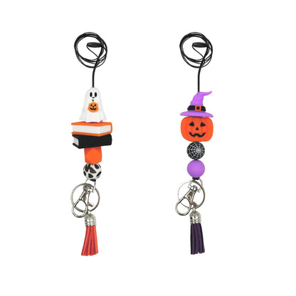 Halloween Teacher Lanyard Fall Pumpkin Ghost Badge Holder with Tassel Cute Silicone Beads Breakaway ID Lanyard for Women