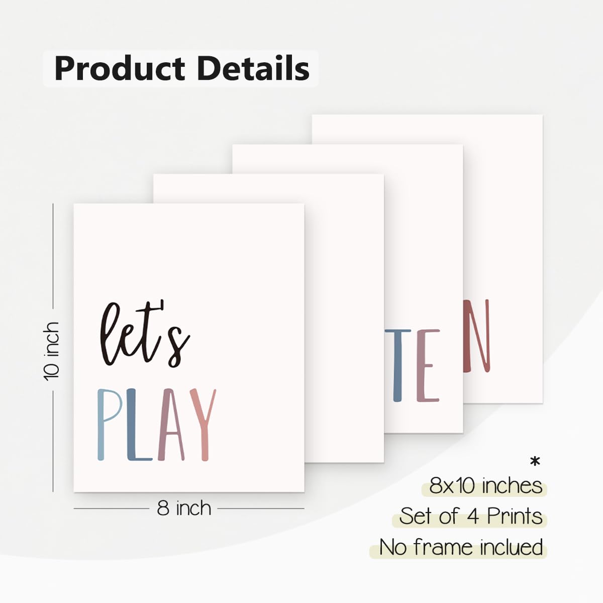 PLKMN Let's Play Read Wall Art Prints Decor Set of 4 - Play Room Essentials, Boho Neutral Let's Learn Let's Create
