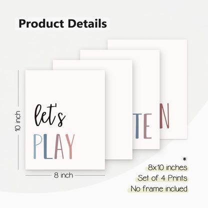 PLKMN Let's Play Read Wall Art Prints Decor Set of 4 - Play Room Essentials, Boho Neutral Let's Learn Let's Create