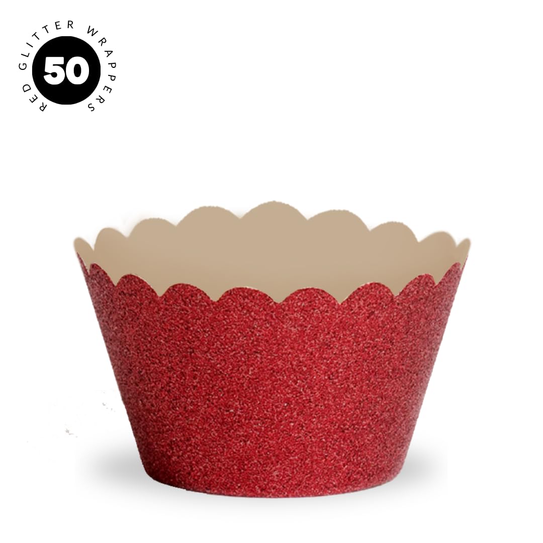 Koyal Wholesale Red Cupcake Wrappers Glitter Cupcake Liners for Christmas, Graduations, & Parties, Decorative Glitter Red Baking Cups and Cupcake Holders for Dessert Tables & Holiday Events, Set of 50