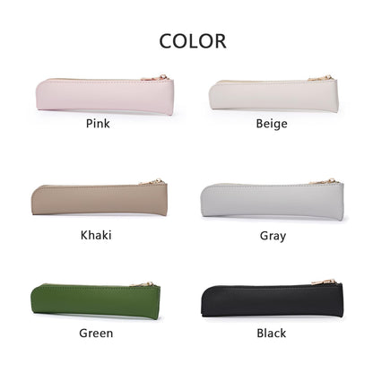 YONBEN Faux Leather Pencil Case Small Pencil Pouch Slim Pen Case Holder Zipper Bag for School Office(Beige,Faux Leather)