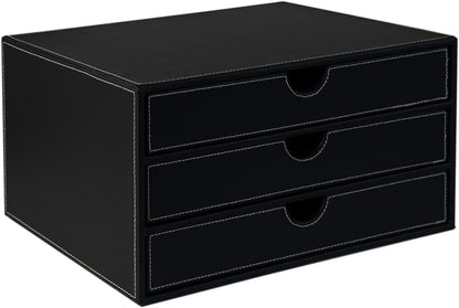 UnionBasic Document Organizer, 3-Drawer File Cabinet Document Storage Box, Office Desktop Filing Organizer, Black with White Stitching