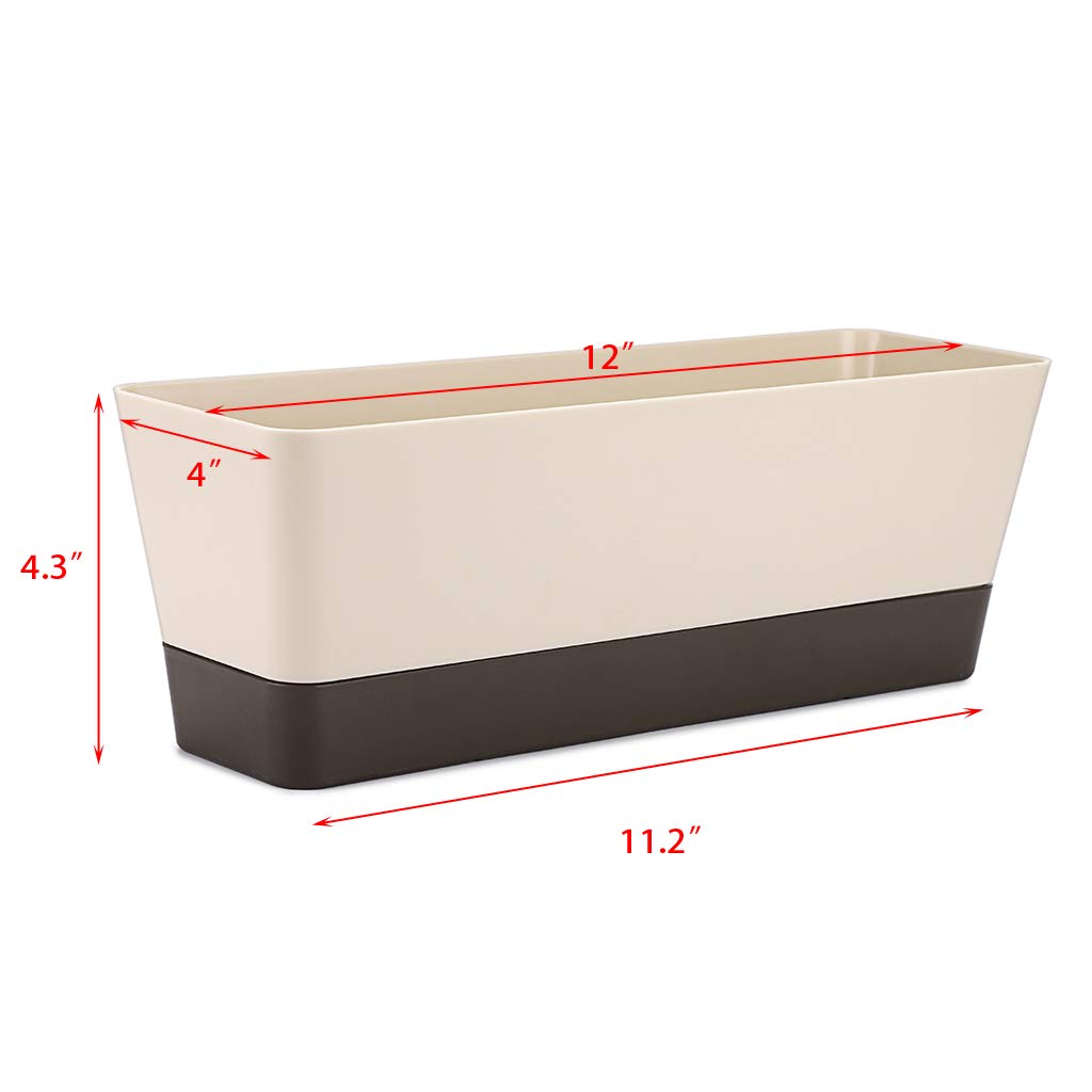 Skelang 2 Pcs Rectangular Plant Pot, 12" Watering Plant Container with Drainage Hole, Window Planter Box with Saucer for Succulents, Flowers, Herbss