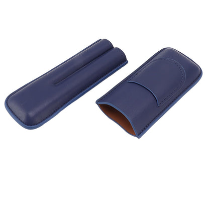 OEBUAFI 2 Finger Faux Leather Cigar Case, Premium Soft Touch Travel Holder with Front Pocket for Cutter, Elegant Sewing Technology Lightweight Durable Men (Blue)