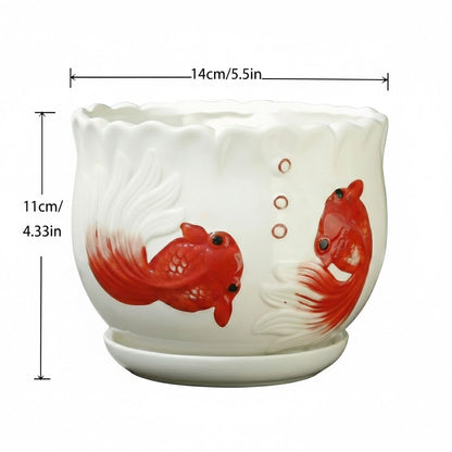 KinzhaoAuroia Ceramic Planter with Saucer - 3D Embossed Goldfish Design, Scalloped Edge Decorative Flower Pot for Indoor Outdoor Succulent Cactus, White Porcelain Plant Container with Drainage Hole