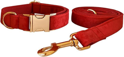 Love Dream Velvet Dog Collar and Leash Set, Soft & Comfy Adjustable Dog Leash and Collar with Heavy Duty Metal Buckle for Small Medium Large Dogs Training & Walking (Large, Red)