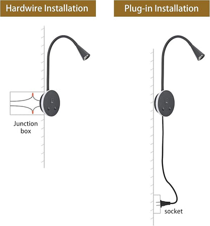 Black Headboard Reading Light with Nightlight, 2 Pack Wall Mounted Reading Lights with Switch, Plug-in Hardwired Reading Lamp for Bedtime Reading, Gooseneck Reading Sconces for Bedroom, Bedside