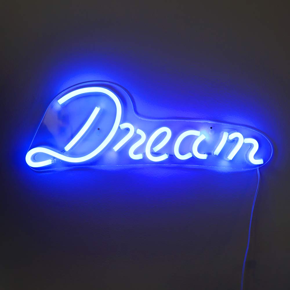 Isaac Jacobs 17" by 6" inch LED Neon Blue “Dream” Wall Sign For Cool Light, Wall Art, Bedroom Decorations, Home Accessories, Party, and Holiday Decor: Powered by USB Wire (DREAM)