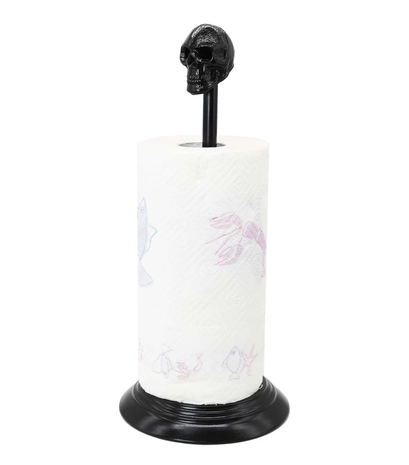 Owlgift Black Skull Paper Towel Holder – Gothic Cast Iron Head, Matte Iron Base, Dark Home & Halloween Kitchen Decor, 14.6” Tall