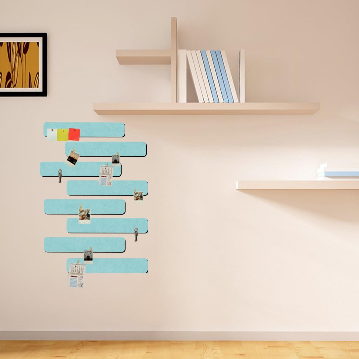 Vuzvuv 8 pcs Bulletin Board Bar Strips with 50 Pushpins & 10 Wooden Clip pins，Self Adhesive Cork Board for Wall，Felt Pin Board for School，Office Decor(Mint Green)