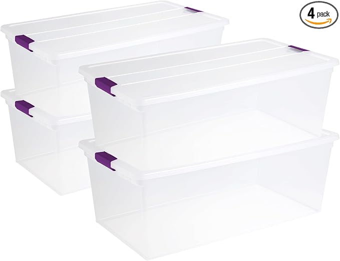 Sterilite 4-Pack 110 Quart ClearView Latch Box, Stackable Organizer Bins with Latching Lids - Clear Plastic Organization Containers for Closet, Bedroom, Shelving Units and Everyday Home Storage
