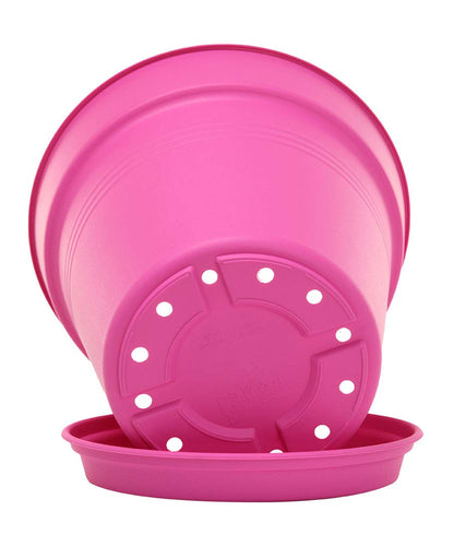 Mintra Garden Pots, 4 Pack Bulk Plastic Plant Pots with Drainage Tray, Round Indoor & Outdoor Decorative Planters with Drain Holes for Flowers, Herbs & Plants, 19cm Diameter – Fuchsia, 7.5in Wide