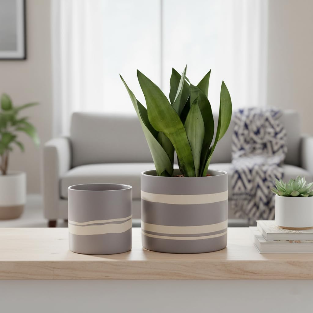Nihow Modern Ceramic Plant Pot - 5 + 7 Inch Flower Pot for All Indoor Plants - Sturdy Planter Pots with Drainage Hole & Rubber Plugs - Semi-Matte Gray & Nature - Plants Not Included