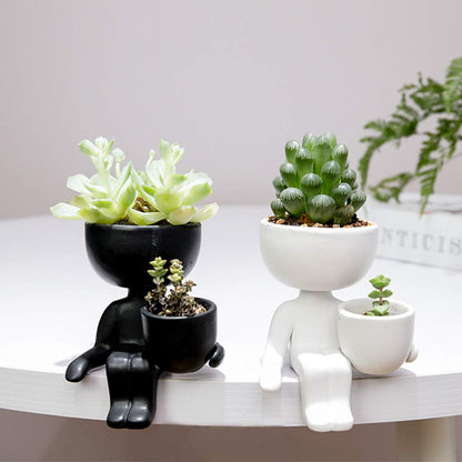 DIYOMR Humanoid Ceramic Flower Pot Succulent Cactus Bonsai Planter Pots Container, Ceramic Crafts Vase Home Office Decoration Desk Window Sill Decor,Not Include Plants (Black-B)