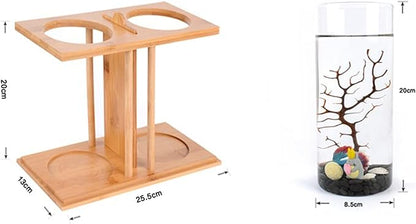 Dual Chamber Bamboo Desktop Aquarium - Mini Betta Fish Tank with LED Light, 360° View Glass Tanks for Goldfish or Small Fish, Home Office Decor