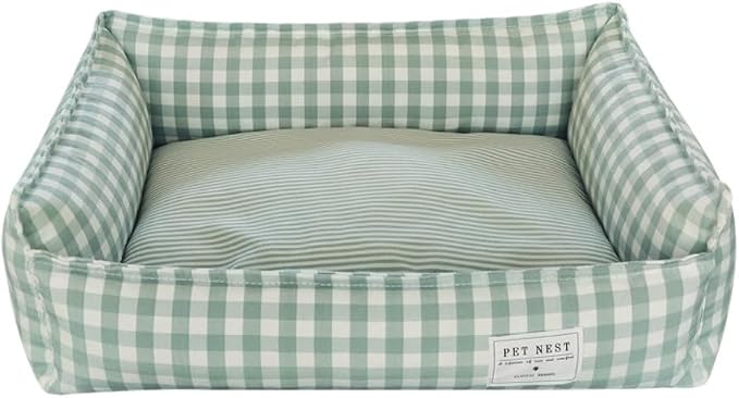 Orthopedic Rectangle Dog Bed for Medium Small Dogs, Plaid Plush Modern Puppy Sofa Bed with Anti-Slip Bottom, Cute Calming Pet Bed(Green,Large)