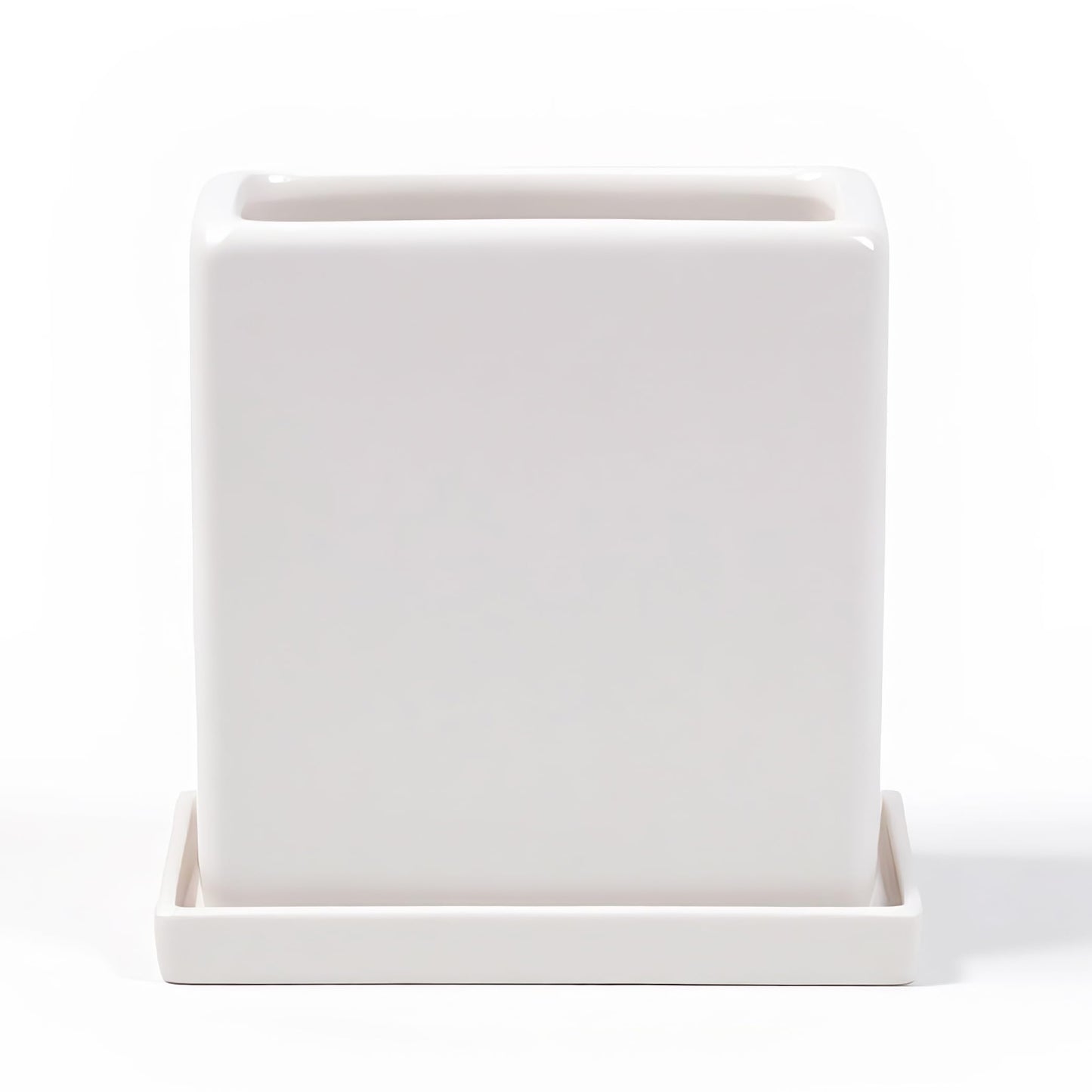 White Ceramic Plant Pots with Saucers, 6 Inch Square Planter Pots Set of 2, Modern Minimalist Medium Flower Pots for Indoor Plants, Snake Plants, Monstera, Home Decor