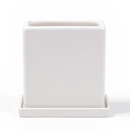 White Ceramic Plant Pots with Saucers, 6 Inch Square Planter Pots Set of 2, Modern Minimalist Medium Flower Pots for Indoor Plants, Snake Plants, Monstera, Home Decor