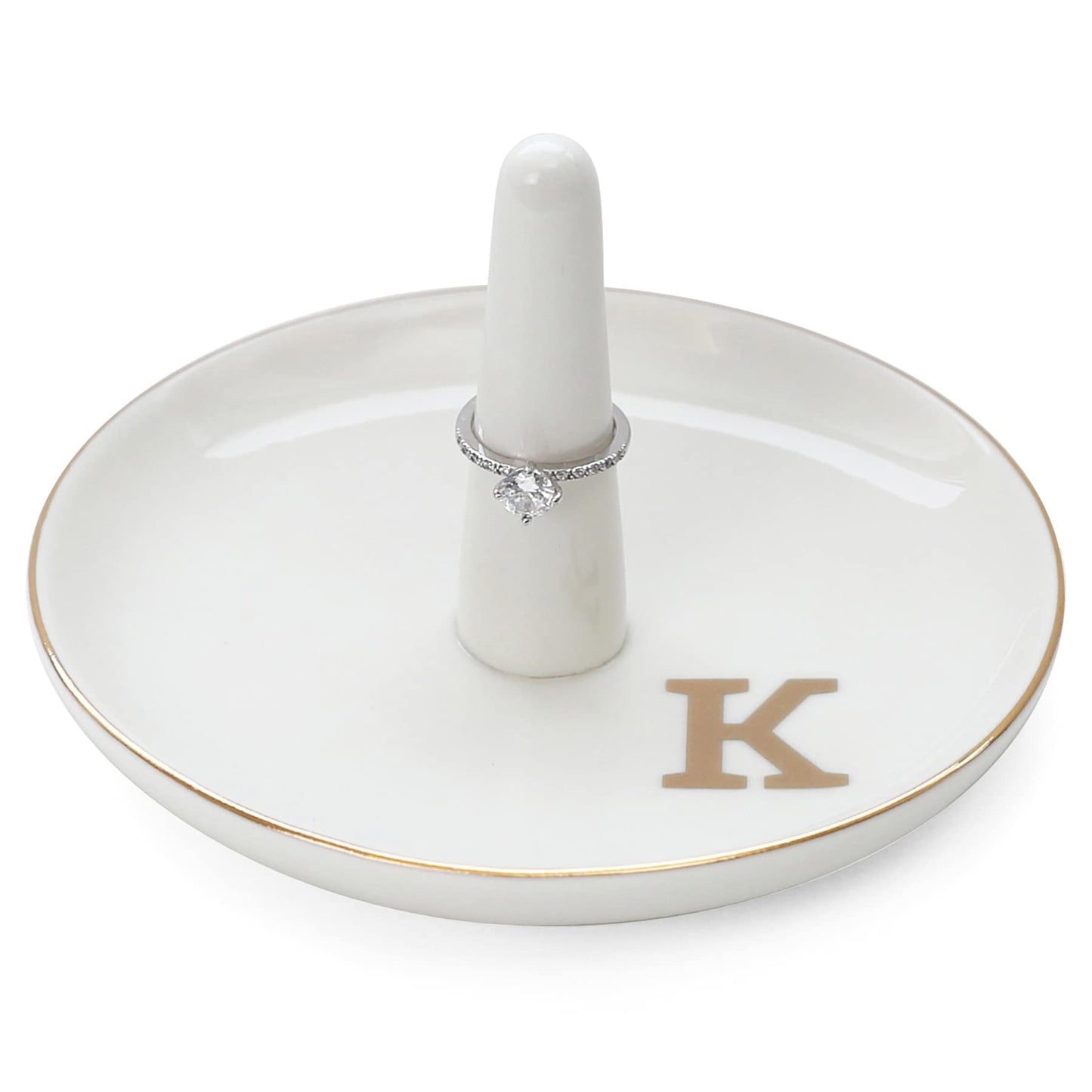 HOME SMILE Initials Ring Holder Jewery Tray with personalized K-Monogrammed Engagement Gifts for Friends,Birthday Mother's Day Christmas Gifts for Women,Ceramic White
