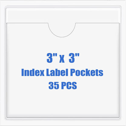 Origin-Joy 35 PCS Self Adhesive Index Card Pockets with Top Open, Clear Plastic Label Holder for Cards of Note, Library and Business, Adhesive Label Pockets & Card Holder (3 x 3 inch)
