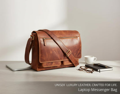 VALENCHI 15" Full Grain Leather Laptop Messenger Bag For Men & Women - Padded 15.3" Laptop Compartment, Ample Storage & Pockets, Premium Natural Leather (Cognac Vintage)