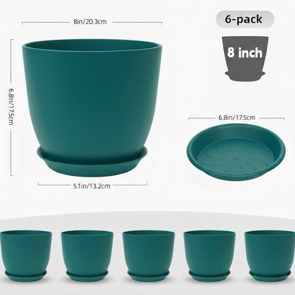 Vanslogreen Plant Pots 8 Inch Set of 6, Flower Pots with Drainage Holes and Saucer, Plastic Garden Planters for Indoor & Outdoor Plants (Deep Green)