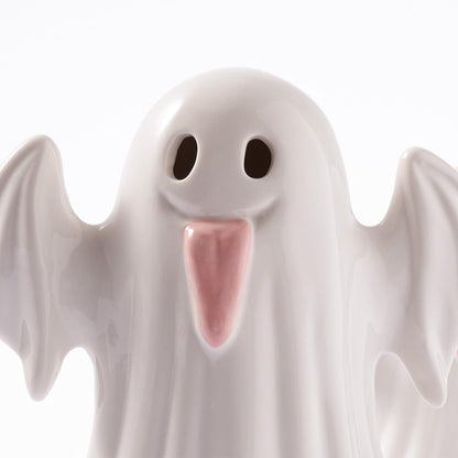 WDS WONDROUS Halloween Decor Light Up Ceramic Ghost Figurines – White Ghost with Pink Tongue Set of 2 – Fall Halloween Indoor Decorations for Home Table Office Desk Decor, Cute Ghost Statues