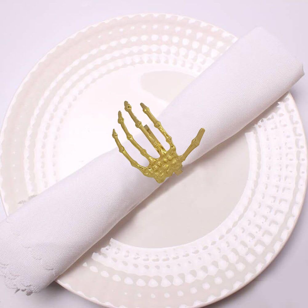 Skull Napkin Rings Set of 12, Gold Skeleton Claw Napkin Ring Metal Holder for Decorative Halloween Cloth Napkins, Home Birthday Daily Party Table Favors Supplies Bar Dinning Cloth Decor