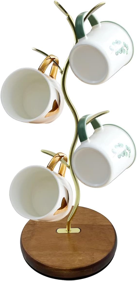 Mi hogar Leaf-Shaped Mug Tree Stand for Kitchen Counter, Modern Tabletop Organizer Holds 4 Mugs with Stable Round Base, Decorative Storage Rack for Coffee & Tea Cups
