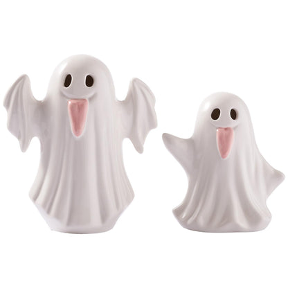 WDS WONDROUS Halloween Decor Light Up Ceramic Ghost Figurines – White Ghost with Pink Tongue Set of 2 – Fall Halloween Indoor Decorations for Home Table Office Desk Decor, Cute Ghost Statues