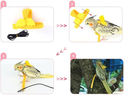 Parrot Harness and Leash Set - Elastic Rope with Blue Adjustable Harness Cute Wing, Suitable for Medium Size Bird Like Small Red-Breasted Parakeet, Caique, Mini Macaw