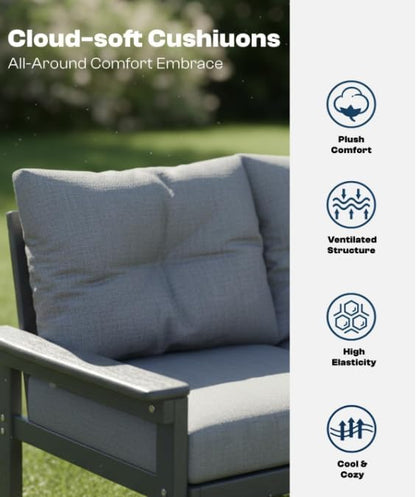 Grey HDPE Patio Sofa Set, 3-Piece Sectional Outdoor Patio Furniture Set, All Weather Outdoor Couch Set with Washable Thick Cushions for Lawn, Garden, Deck, Porch, Balcony, Poolside, Yard