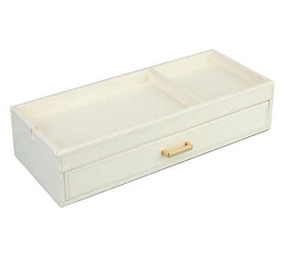 HofferRuffer Valet Jewelry Tray Organizer with Drawer, Faux Leather Storage Catchall Box Phone Charging Station Tray with Dresser Nightstand Desktop Drawer Organizer (White)