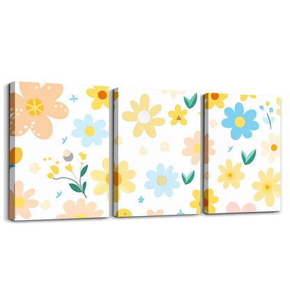 Feelyou Cute Flower 3 Piece Canvas Wall Art for Living Room Bedroom Cartoon Cute Floral Office Decor Artwork Bright Yellow Wall Art for Home Decor Kawaii Picture Posters