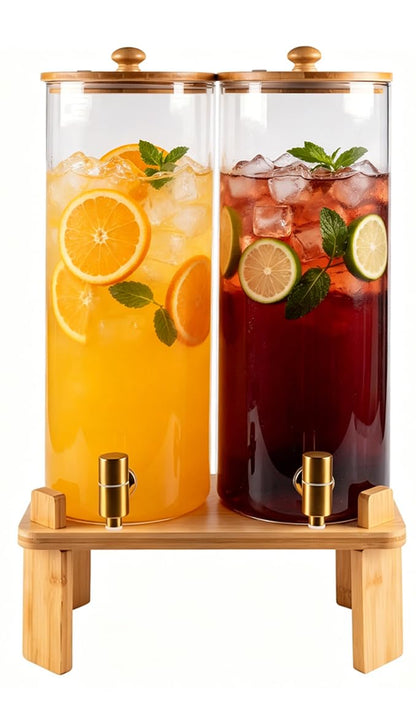 2 Gallon 2 PCS (4 gallon) Beverage Dispenser With Bamboo Wood Stand,Large Glass Drink Dispenser for Parties,Large Water Dispensers with Spigot,Juice Containers & Water Pitcher,Lemonade Dispenser