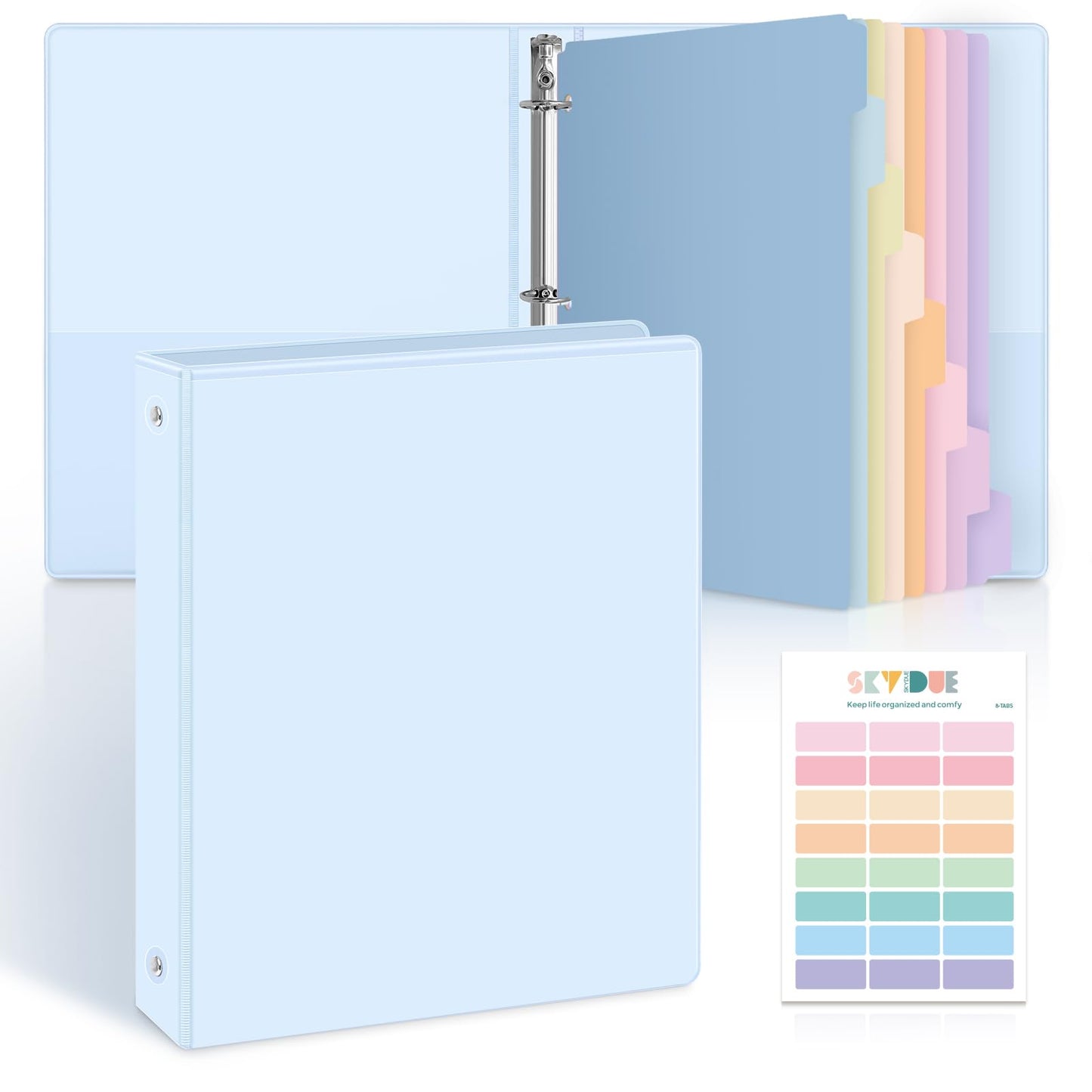 SKYDUE 1 Inch 3 Ring Binder with 8 Tab Dividers & 24 Labels, Pastel Binder Organizer for Letter Size Paper, Aesthetic School Binder for Notes, Documents, Office & Home Organization, Blue