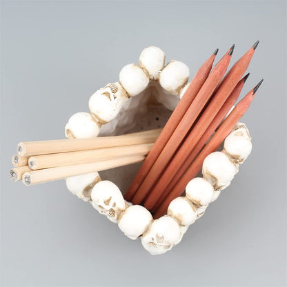RURAUOGR Skull Pen Pencil Holder Makeup Brush Holder Toothbrush Holder Flower Pot Key Storage Resin Skeleton Home Office Halloween Decor (Beige)