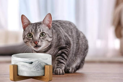 Cat Food and Water Bowl, Heavy Weighted Ceramic, No Tip Over, Shallow Wide Whisker Fatigue Silicone Dish, Pet Comfort Feeder for Small Dog, Dishwasher Safe, 6 inch