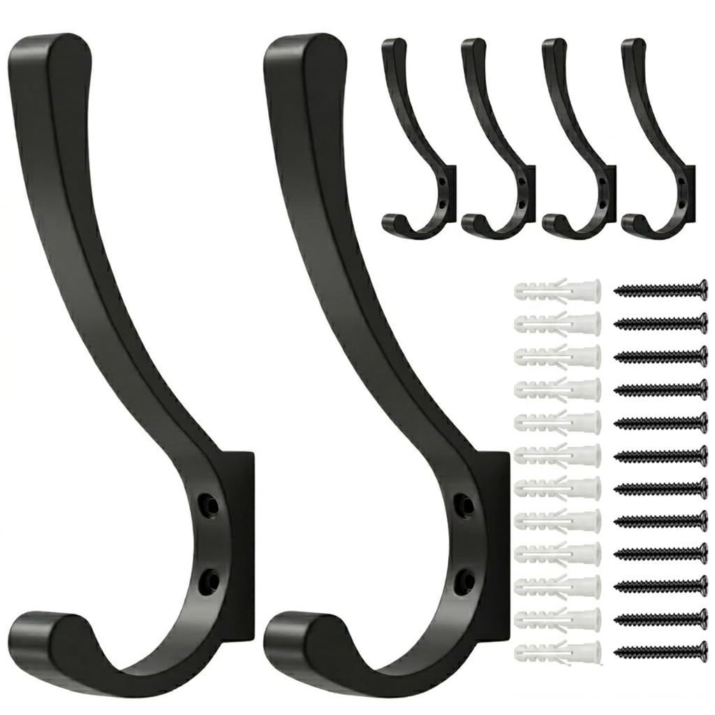 Coat Hanger Hooks Wall Mount - Backpack Hooks,Metal Wall Hooks For Hanging Heavy Duty,Screw In Hooks For Hanging Clothes,Black Coat Hooks For Wall,Purse Hanger For Wall,Wall Mounted Bag Hooks (6 Pack)